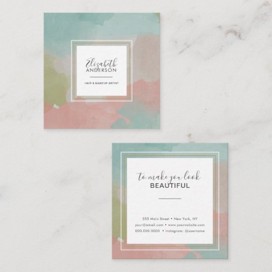 Abstracte Pastel Waterverf Make-up Artiest Vierkante Visitekaartje (Voorkant / Achterkant)