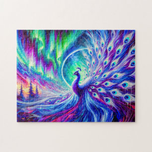 Abstracte pauw in de winter met noorderlicht legpuzzel