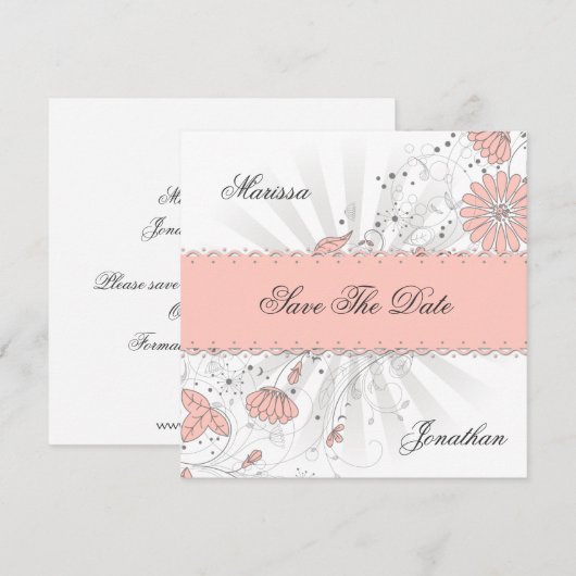 Abstracte Peach Flowers Grey Sunburst Save the Dat Date (Voorkant / Achterkant)