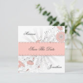 Abstracte Peach Flowers Grey Sunburst Save the Dat Date (Staand voorkant)