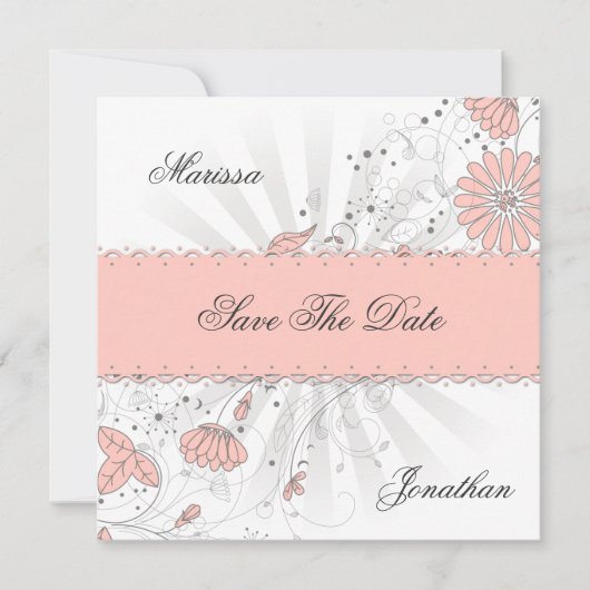 Abstracte Peach Flowers Grey Sunburst Save the Dat Save The Date (Voorkant)