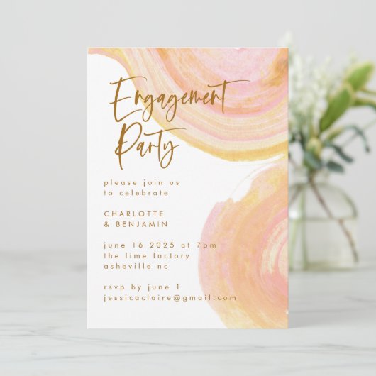 Abstracte Peach Pink Paint Swirl Engagement Party Kaart (Staand voorkant)