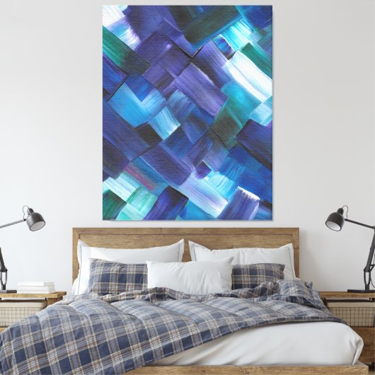 Abstracte penseelstreken in blauw, Blauwgroen en P Canvas Afdruk (Insitu (Slaapkamer))