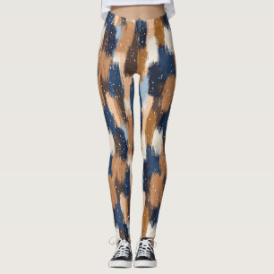 Abstracte penseelstreken in blauw, wit en bruin (2 leggings