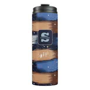 Abstracte penseelstreken in blauw, wit en bruin (3 thermosbeker