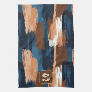 Abstracte penseelstreken in blauw, wit en bruin theedoek