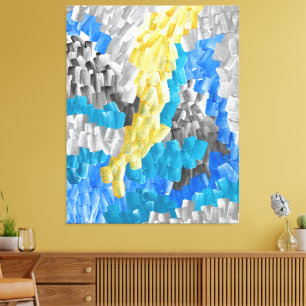 Abstracte penseelstreken in geel, blauw en grijs canvas afdruk