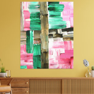 Abstracte penseelstreken in groen, roze en bruin canvas afdruk
