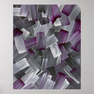 Abstracte penseelstreken in paars, zwart en grijs poster