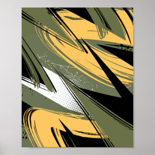 Abstracte penseelstreken met olijfgroen en geel poster