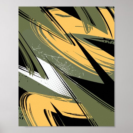 Abstracte penseelstreken met olijfgroen en geel poster (Voorkant)