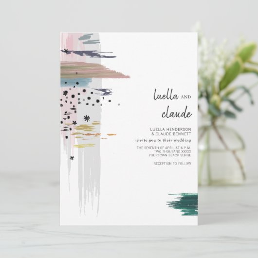 Abstracte penseelstreken - Moderne bruiloft Kaart (Staand voorkant)