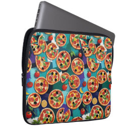 Abstracte Pepperoni Pizza Op Blauwe Achtergrond Laptop Sleeve
