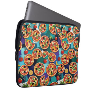 Abstracte Pepperoni Pizza Op Blauwe Achtergrond Laptop Sleeve