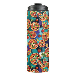 Abstracte Pepperoni Pizza Op Blauwe Achtergrond Thermosbeker
