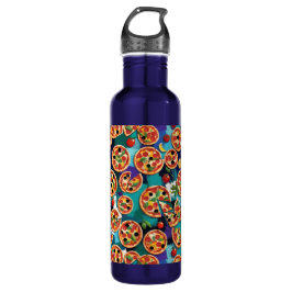 Abstracte Pepperoni Pizza op blauwe achtergrond Waterfles