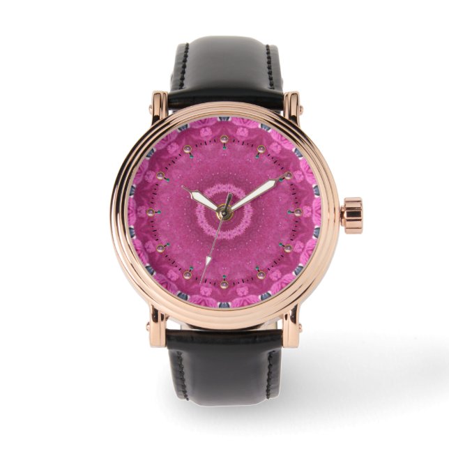 ABSTRACTE PINK FUCHSIA MOSAICS EN 3D GEM STONES HORLOGE (Voorkant)