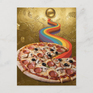 Abstracte pizza regenboog leidt van de aarde naar  briefkaart