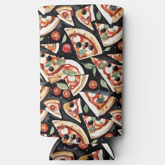 Abstracte pizzapointen op een zwarte achtergrond seltzer blikjeskoeler (Voorkant)