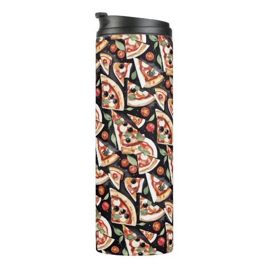 Abstracte pizzapuntjes op een zwarte achtergrond thermosbeker (Geroteerd rechts)