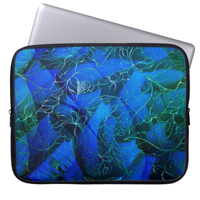 Abstracte, platte buisjes met blauw Floral-neopree Laptop Sleeve (Voorkant)