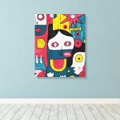 Abstracte Pop Art Faces – Modern Doodle Expression Canvas Afdruk (Insitu (Houten vloer))
