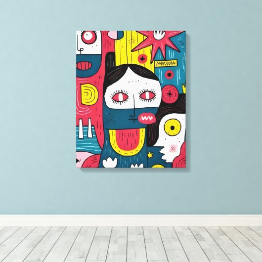 Abstracte Pop Art Faces – Modern Doodle Expression Canvas Afdruk (Insitu (Houten vloer))