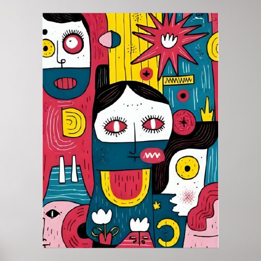 Abstracte Pop Art Faces – Modern Doodle Expression Poster (Voorkant)