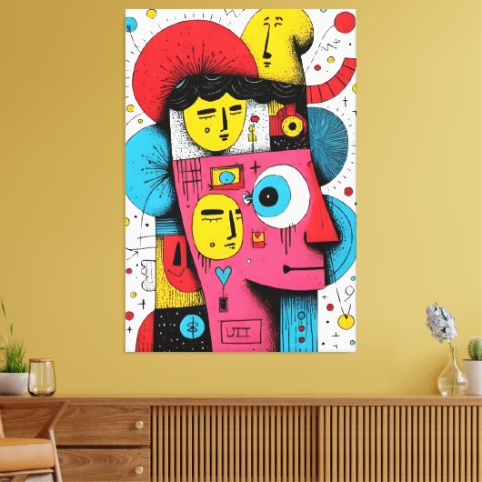 Abstracte Pop Art Faces – Surreal Doodle Expressio Canvas Afdruk (Insitu (Woonkamer))