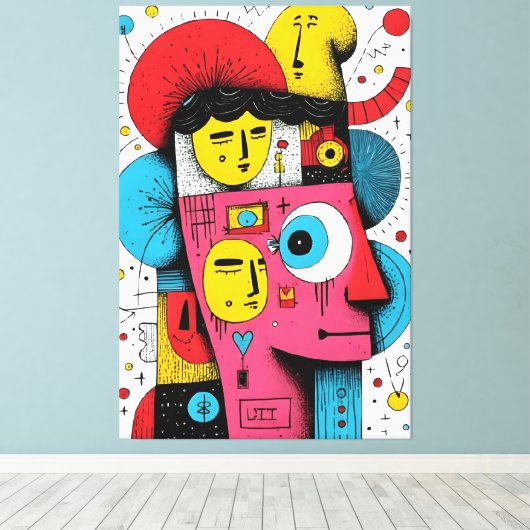 Abstracte Pop Art Faces – Surreal Doodle Expressio Canvas Afdruk (Insitu (Houten vloer))
