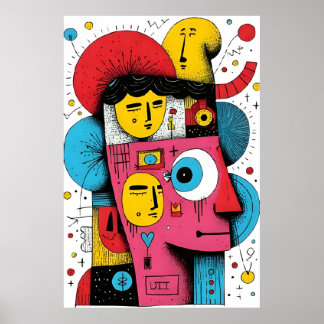Abstracte Pop Art Faces – Surreal Doodle Expressio Poster