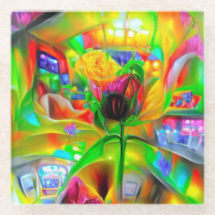 Abstracte psychedelische bloemen glazen onderzetter