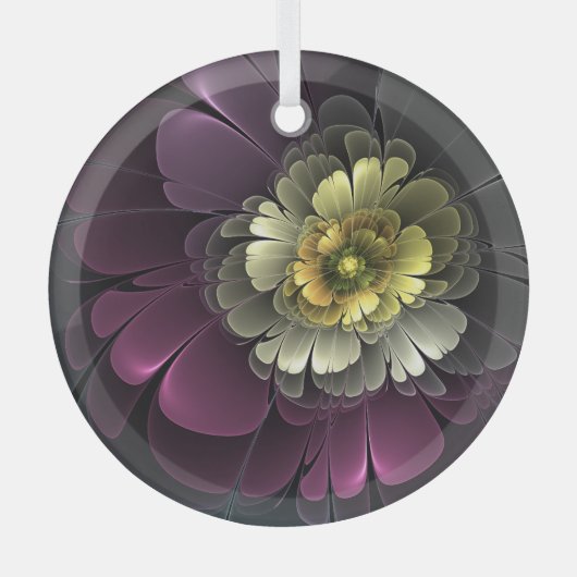 Abstracte purpur Khaki Gray Fractal Flower Cirkel Glas Ornament (Voorkant)