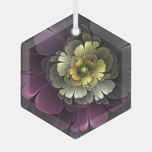 Abstracte purpur Khaki Gray Fractal Flower Hexagon Glas Ornament (Voorkant)