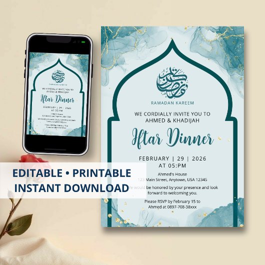 Abstracte Ramadan Iftar-dineruitnodiging in Teal G Kaart