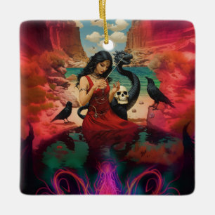 Abstracte Raven Skull Occult Dark Witchy AI Art Keramisch Ornament