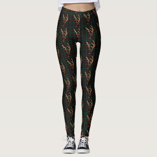 Abstracte Red-Nosed Reindeer op Black Plaid Leggings (Voorkant)