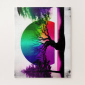 Abstracte regenboog achter bosboom silhouetten legpuzzel (Verticaal)