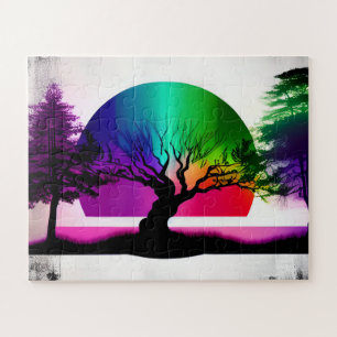 Abstracte regenboog achter bosboom silhouetten legpuzzel