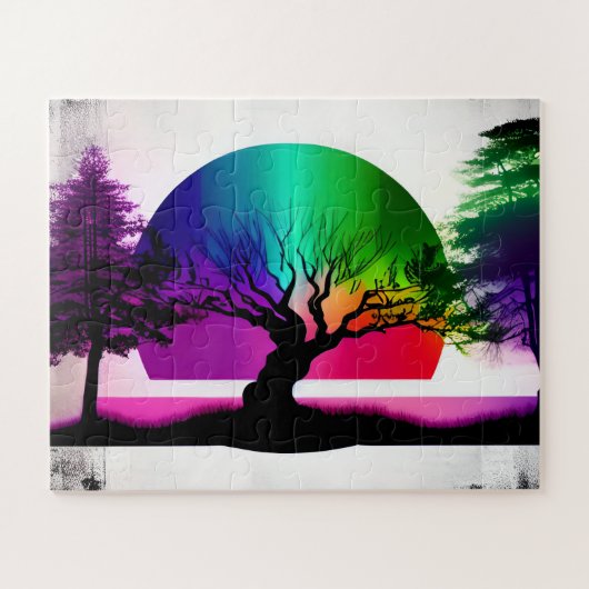 Abstracte regenboog achter bosboom silhouetten legpuzzel (Horizontaal)