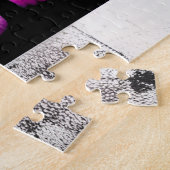 Abstracte regenboog achter bosboom silhouetten legpuzzel (Zijkant)