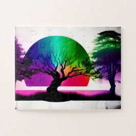 Abstracte regenboog achter zwarte boomsilhouetten legpuzzel