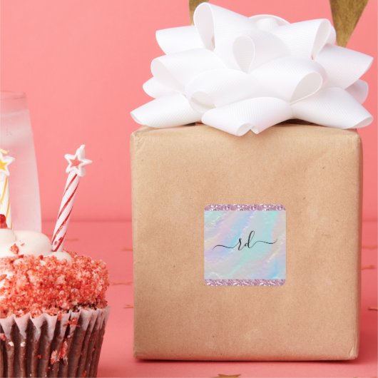 Abstracte regenboogtextuur en roze kristal vierkante sticker (Feest)