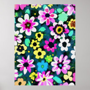 Abstracte Retro Boho Spring Flowers Viva Magenta Poster
