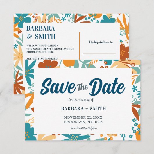 Abstracte Retro Charm Bright Bold Wildflower Save The Date (Voorkant / Achterkant)