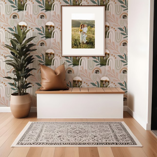 Abstracte Retro Floral Boho familie foto boog Behang (Abstract Retro Floral Boho Family Photo Arch Wallpaper)