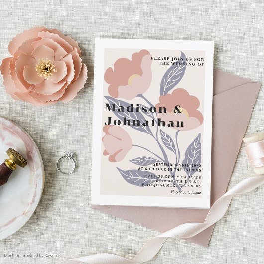 Abstracte Retro Floral Pink & Blue Wedding Kaart