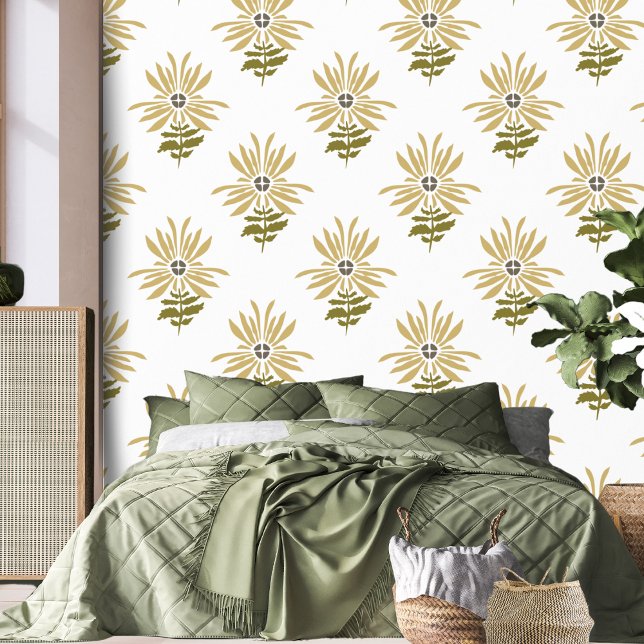 Abstracte Retro Gele Daisy Boho Bloem Behang (Peel and stick Daisy wallpaper)