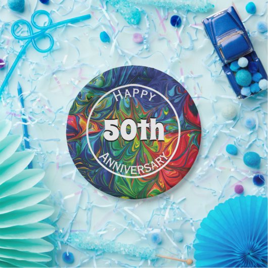 Abstracte Retro Psychedelic Happy 50th Custom Papieren Bordje (Feest)
