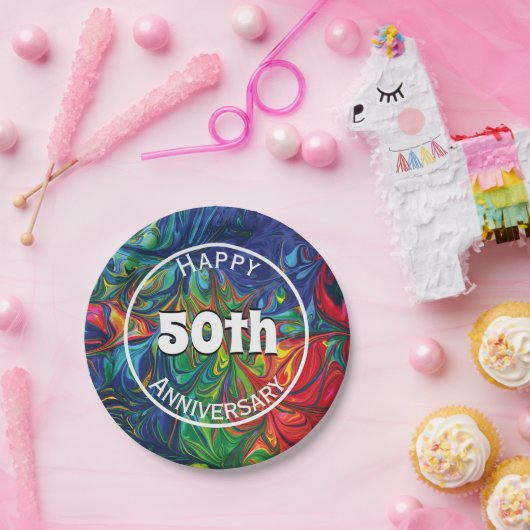 Abstracte Retro Psychedelic Happy 50th Custom Papieren Bordje (Feest)